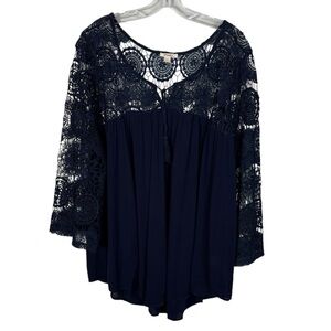 Pinky Plus Size Navy Blue Sheer Lace Neckline 3/4 Sleeve Blouse Top 2X Bohemian